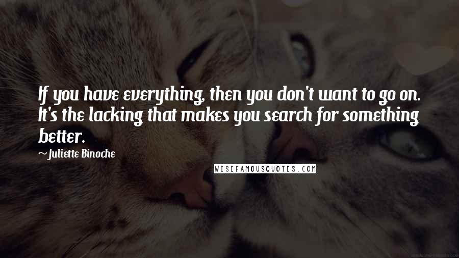 Juliette Binoche Quotes: If you have everything, then you don't want to go on. It's the lacking that makes you search for something better.