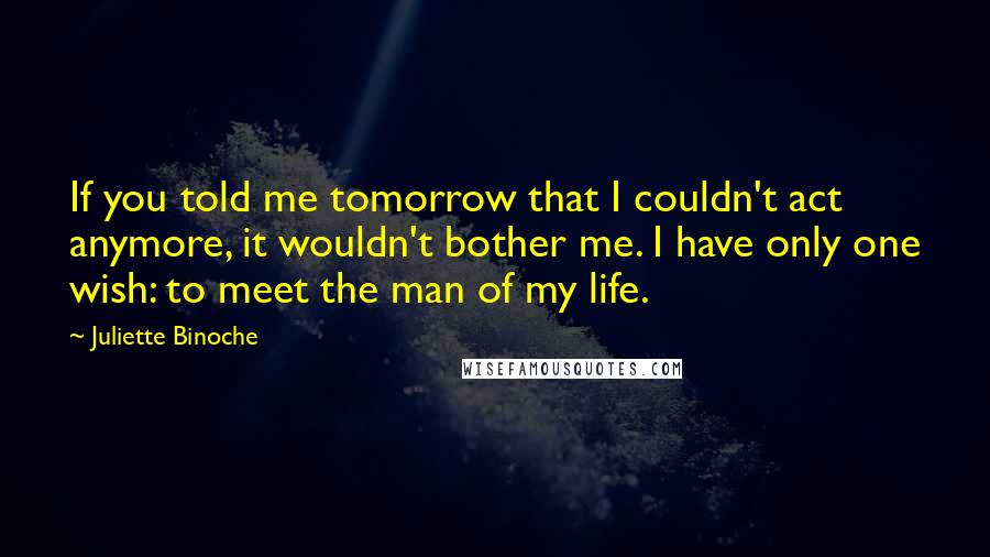 Juliette Binoche Quotes: If you told me tomorrow that I couldn't act anymore, it wouldn't bother me. I have only one wish: to meet the man of my life.