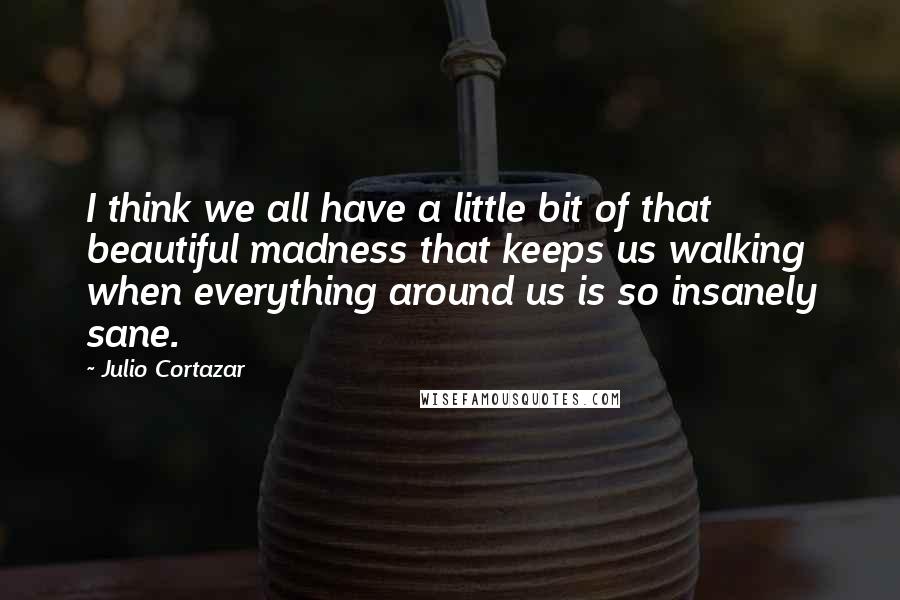 Julio Cortazar Quotes: I think we all have a little bit of that beautiful madness that keeps us walking when everything around us is so insanely sane.