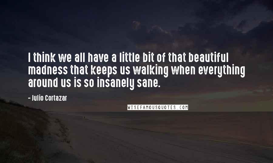 Julio Cortazar Quotes: I think we all have a little bit of that beautiful madness that keeps us walking when everything around us is so insanely sane.