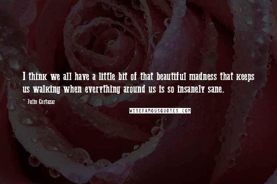 Julio Cortazar Quotes: I think we all have a little bit of that beautiful madness that keeps us walking when everything around us is so insanely sane.