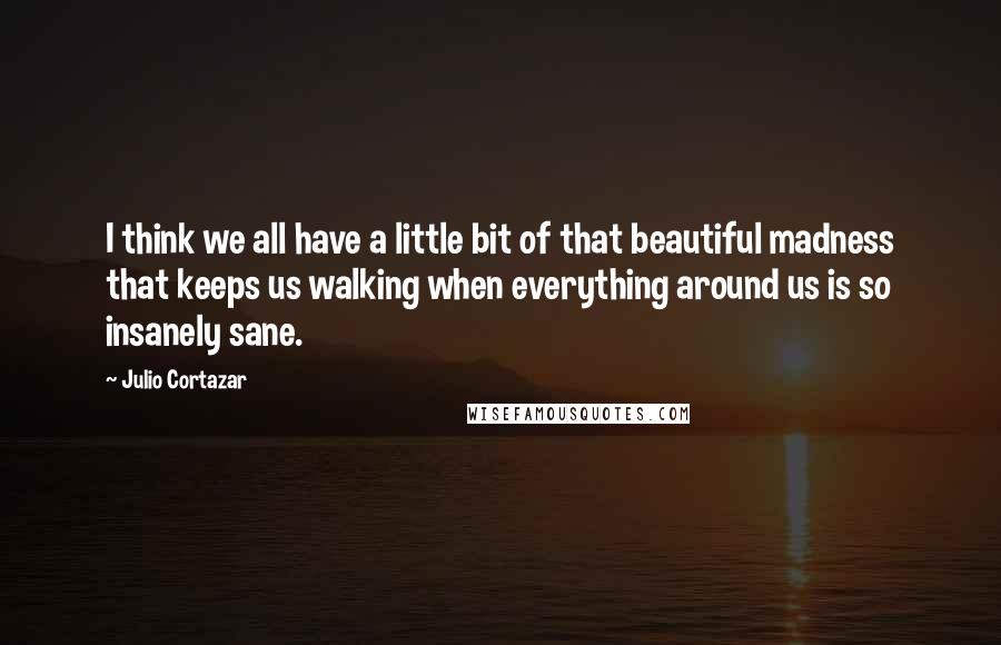Julio Cortazar Quotes: I think we all have a little bit of that beautiful madness that keeps us walking when everything around us is so insanely sane.