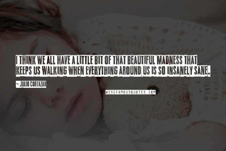 Julio Cortazar Quotes: I think we all have a little bit of that beautiful madness that keeps us walking when everything around us is so insanely sane.