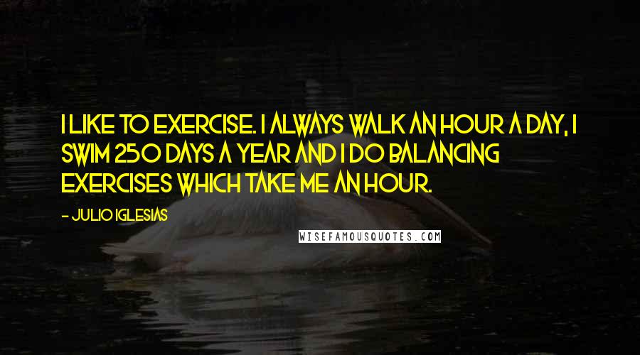 Julio Iglesias Quotes: I like to exercise. I always walk an hour a day, I swim 250 days a year and I do balancing exercises which take me an hour.