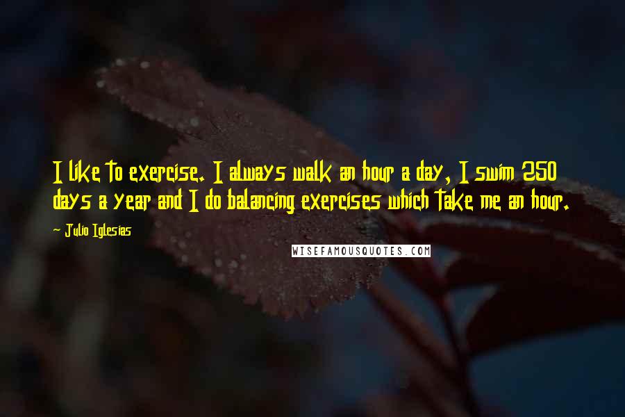 Julio Iglesias Quotes: I like to exercise. I always walk an hour a day, I swim 250 days a year and I do balancing exercises which take me an hour.