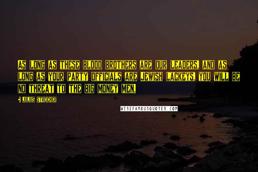 Julius Streicher Quotes: As long as these blood brothers are our leaders, and as long as your party officials are Jewish lackeys, you will be no threat to the big money men.