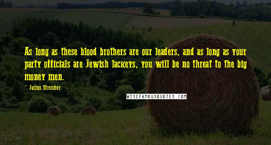 Julius Streicher Quotes: As long as these blood brothers are our leaders, and as long as your party officials are Jewish lackeys, you will be no threat to the big money men.