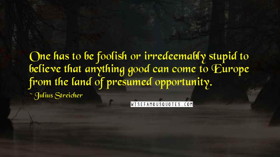 Julius Streicher Quotes: One has to be foolish or irredeemably stupid to believe that anything good can come to Europe from the land of presumed opportunity.