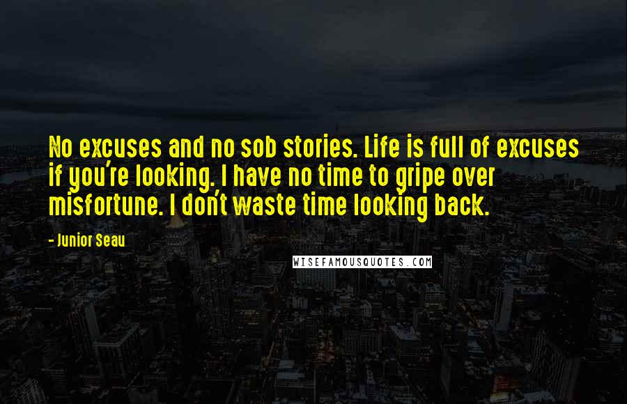 Junior Seau Quotes: No excuses and no sob stories. Life is full of excuses if you're looking. I have no time to gripe over misfortune. I don't waste time looking back.
