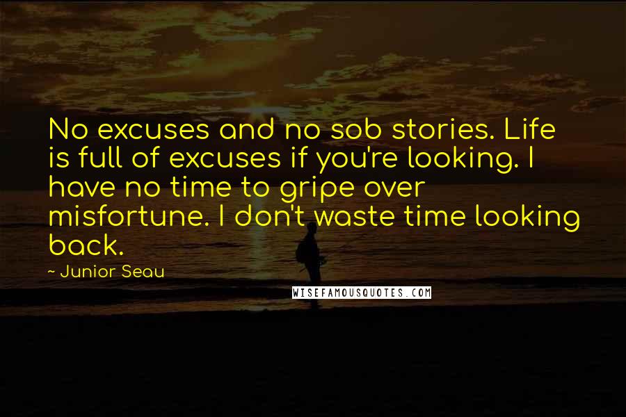 Junior Seau Quotes: No excuses and no sob stories. Life is full of excuses if you're looking. I have no time to gripe over misfortune. I don't waste time looking back.