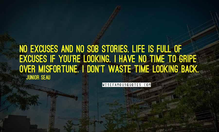 Junior Seau Quotes: No excuses and no sob stories. Life is full of excuses if you're looking. I have no time to gripe over misfortune. I don't waste time looking back.