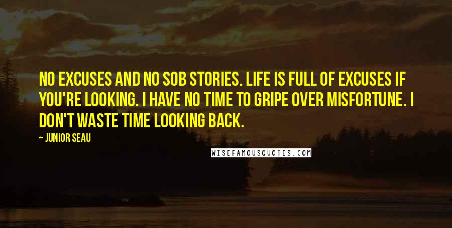 Junior Seau Quotes: No excuses and no sob stories. Life is full of excuses if you're looking. I have no time to gripe over misfortune. I don't waste time looking back.