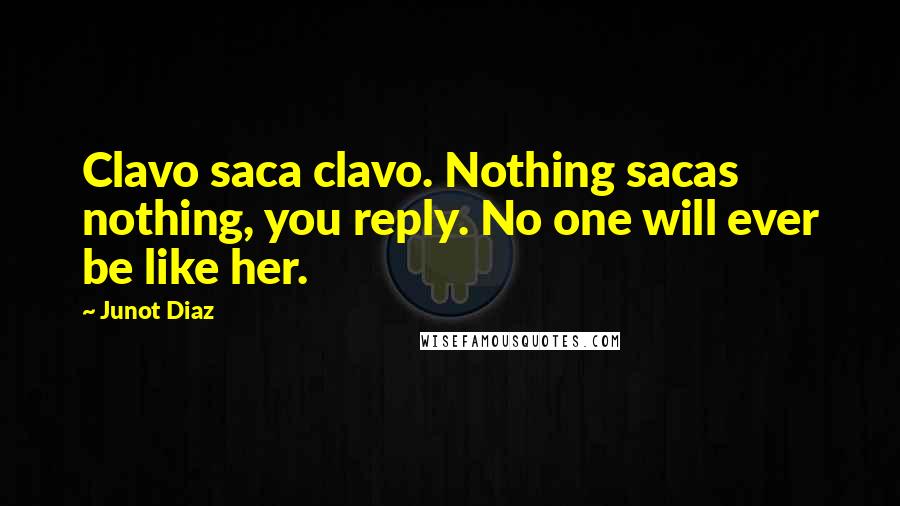 Junot Diaz Quotes: Clavo saca clavo. Nothing sacas nothing, you reply. No one will ever be like her.