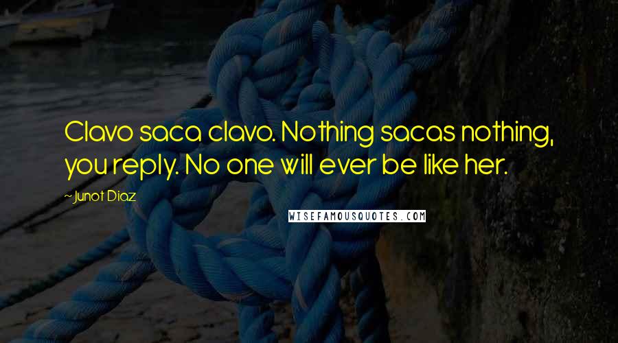 Junot Diaz Quotes: Clavo saca clavo. Nothing sacas nothing, you reply. No one will ever be like her.