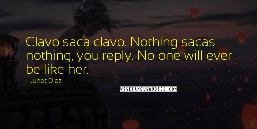 Junot Diaz Quotes: Clavo saca clavo. Nothing sacas nothing, you reply. No one will ever be like her.