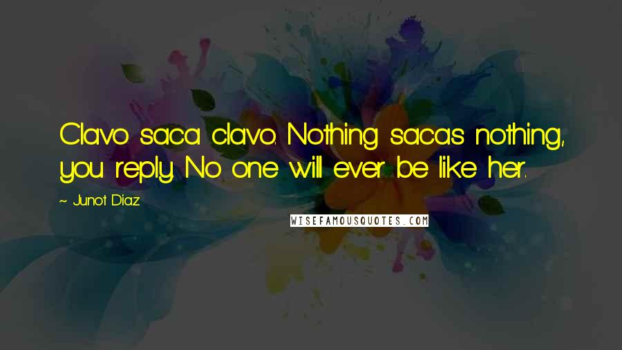 Junot Diaz Quotes: Clavo saca clavo. Nothing sacas nothing, you reply. No one will ever be like her.