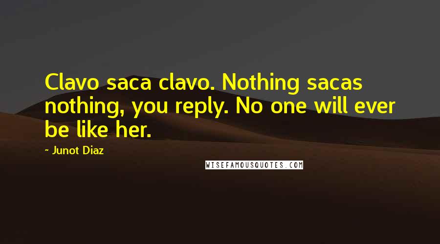 Junot Diaz Quotes: Clavo saca clavo. Nothing sacas nothing, you reply. No one will ever be like her.