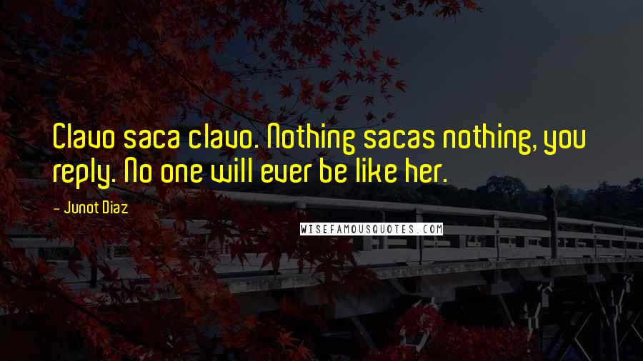 Junot Diaz Quotes: Clavo saca clavo. Nothing sacas nothing, you reply. No one will ever be like her.