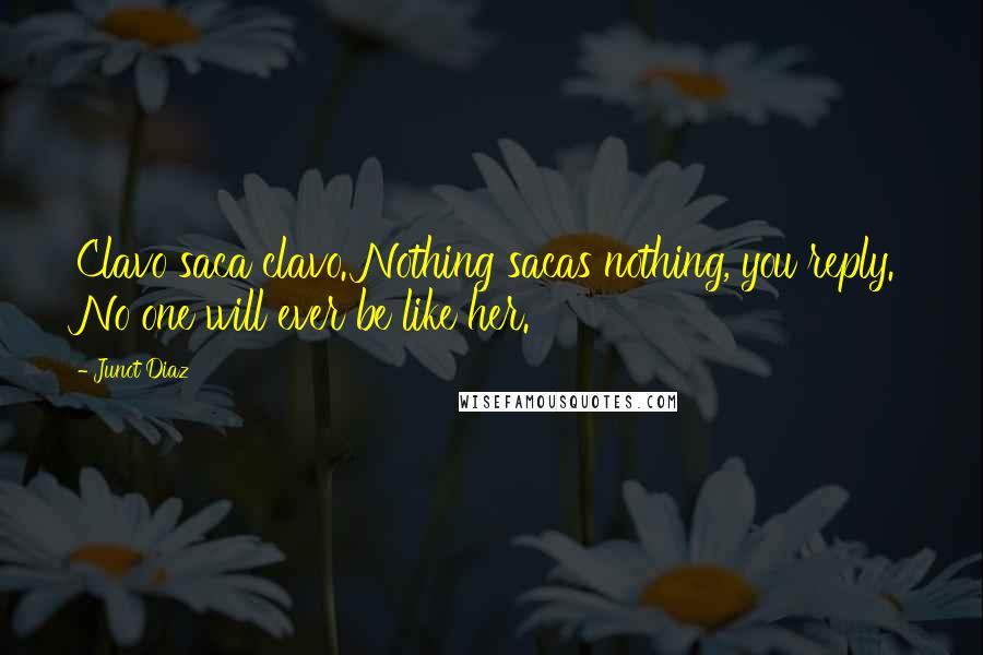 Junot Diaz Quotes: Clavo saca clavo. Nothing sacas nothing, you reply. No one will ever be like her.