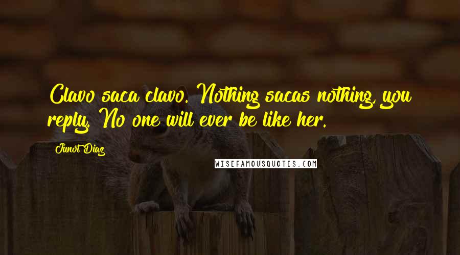 Junot Diaz Quotes: Clavo saca clavo. Nothing sacas nothing, you reply. No one will ever be like her.