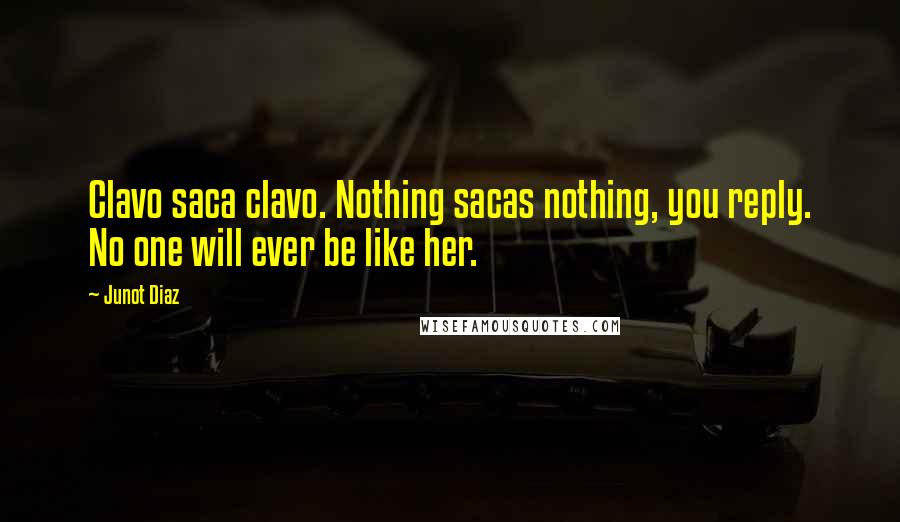 Junot Diaz Quotes: Clavo saca clavo. Nothing sacas nothing, you reply. No one will ever be like her.