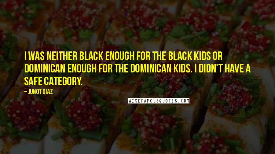 Junot Diaz Quotes: I was neither black enough for the black kids or Dominican enough for the Dominican kids. I didn't have a safe category.