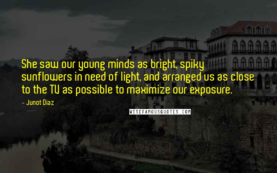 Junot Diaz Quotes: She saw our young minds as bright, spiky sunflowers in need of light, and arranged us as close to the TV as possible to maximize our exposure.