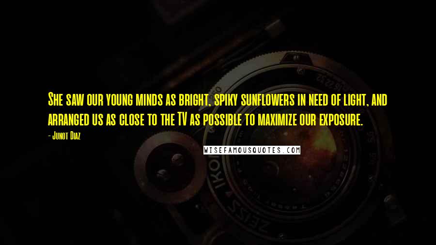 Junot Diaz Quotes: She saw our young minds as bright, spiky sunflowers in need of light, and arranged us as close to the TV as possible to maximize our exposure.
