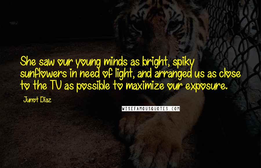 Junot Diaz Quotes: She saw our young minds as bright, spiky sunflowers in need of light, and arranged us as close to the TV as possible to maximize our exposure.