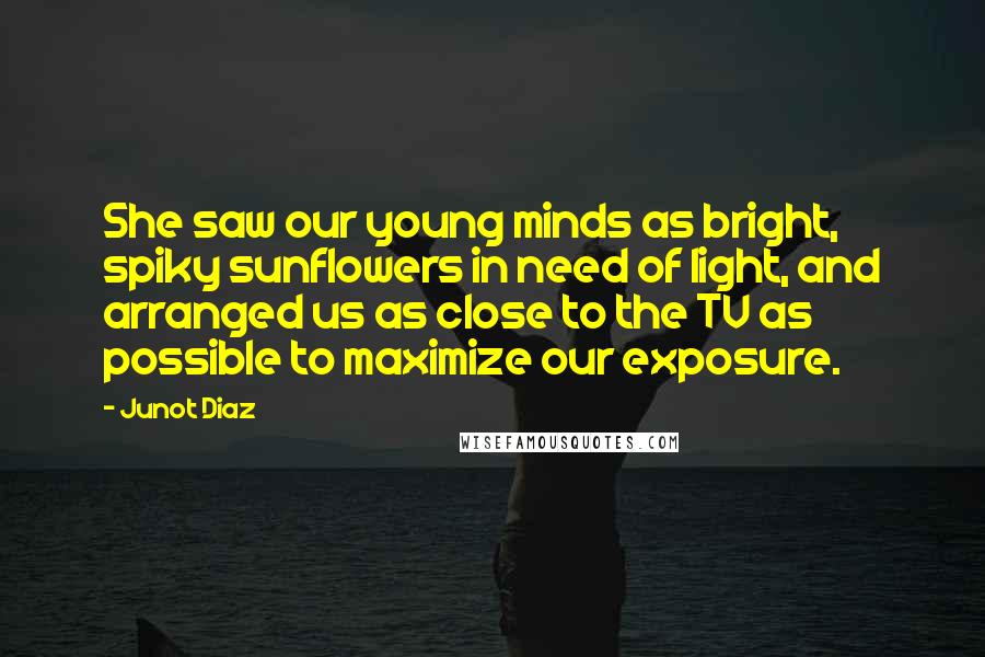 Junot Diaz Quotes: She saw our young minds as bright, spiky sunflowers in need of light, and arranged us as close to the TV as possible to maximize our exposure.