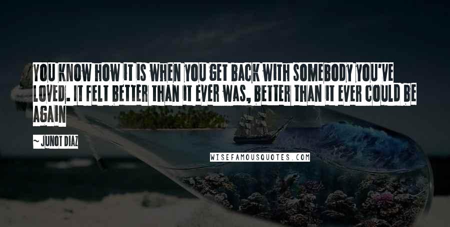 Junot Diaz Quotes: You know how it is when you get back with somebody you've loved. It felt better than it ever was, better than it ever could be again