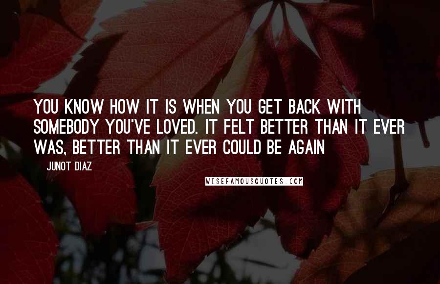 Junot Diaz Quotes: You know how it is when you get back with somebody you've loved. It felt better than it ever was, better than it ever could be again