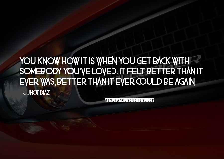 Junot Diaz Quotes: You know how it is when you get back with somebody you've loved. It felt better than it ever was, better than it ever could be again