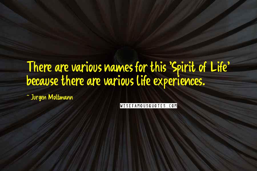 Jurgen Moltmann Quotes: There are various names for this 'Spirit of Life' because there are various life experiences.