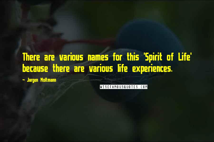 Jurgen Moltmann Quotes: There are various names for this 'Spirit of Life' because there are various life experiences.