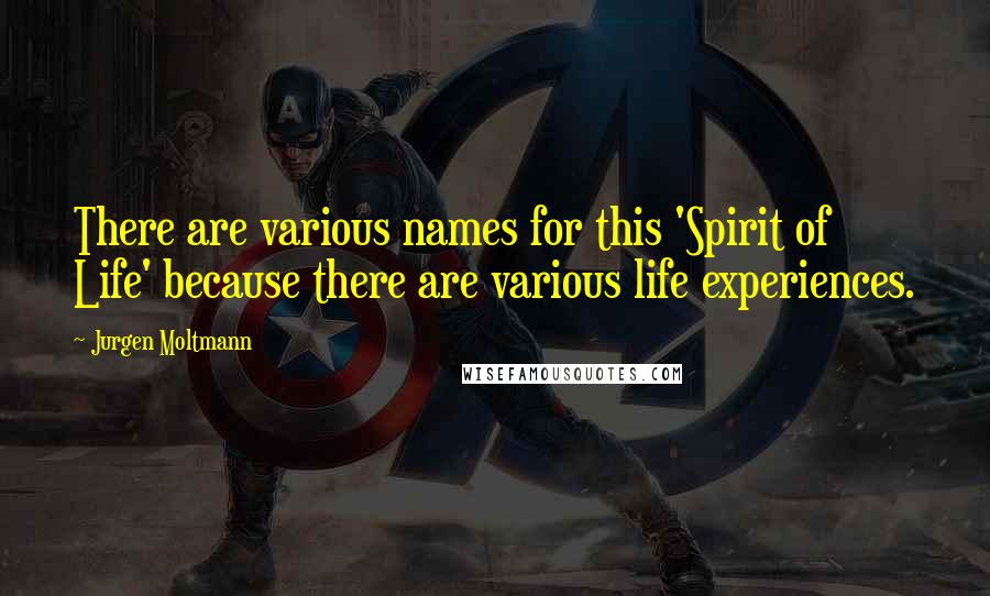 Jurgen Moltmann Quotes: There are various names for this 'Spirit of Life' because there are various life experiences.