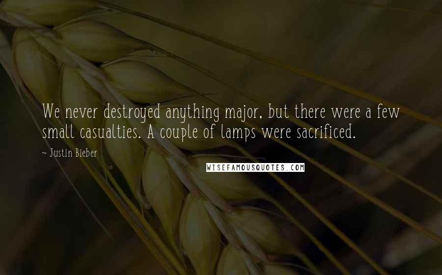 Justin Bieber Quotes: We never destroyed anything major, but there were a few small casualties. A couple of lamps were sacrificed.