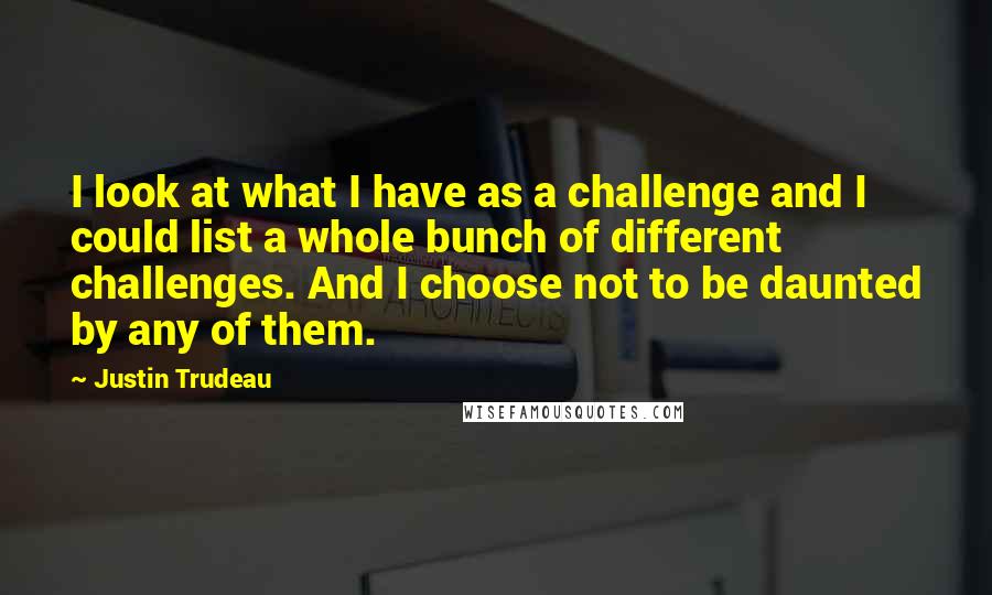Justin Trudeau Quotes: I look at what I have as a challenge and I could list a whole bunch of different challenges. And I choose not to be daunted by any of them.