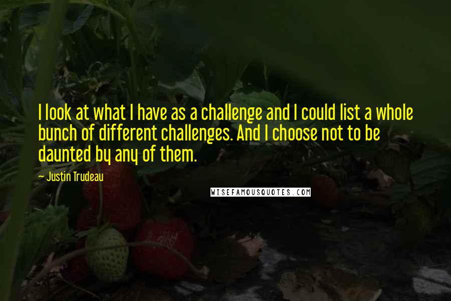 Justin Trudeau Quotes: I look at what I have as a challenge and I could list a whole bunch of different challenges. And I choose not to be daunted by any of them.