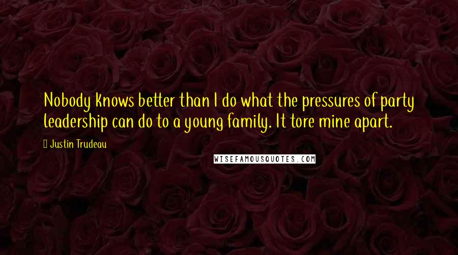 Justin Trudeau Quotes: Nobody knows better than I do what the pressures of party leadership can do to a young family. It tore mine apart.