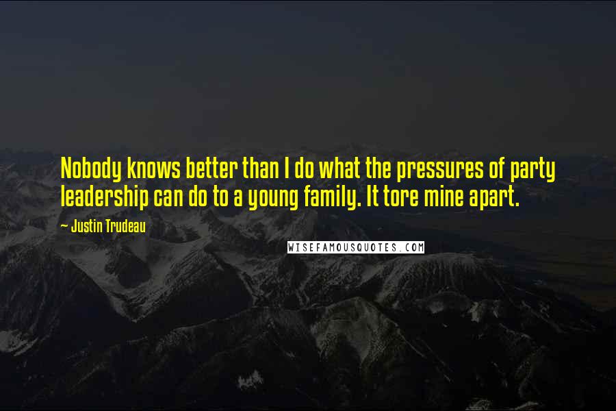 Justin Trudeau Quotes: Nobody knows better than I do what the pressures of party leadership can do to a young family. It tore mine apart.