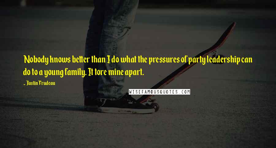 Justin Trudeau Quotes: Nobody knows better than I do what the pressures of party leadership can do to a young family. It tore mine apart.