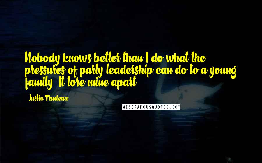 Justin Trudeau Quotes: Nobody knows better than I do what the pressures of party leadership can do to a young family. It tore mine apart.