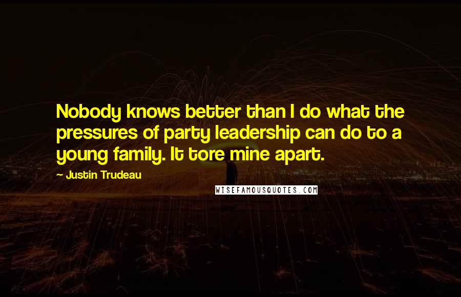 Justin Trudeau Quotes: Nobody knows better than I do what the pressures of party leadership can do to a young family. It tore mine apart.