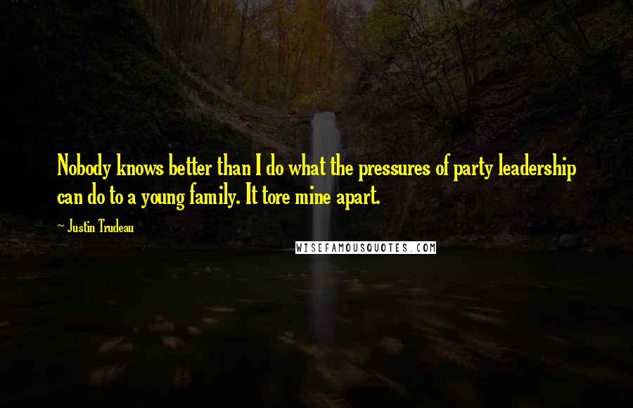 Justin Trudeau Quotes: Nobody knows better than I do what the pressures of party leadership can do to a young family. It tore mine apart.