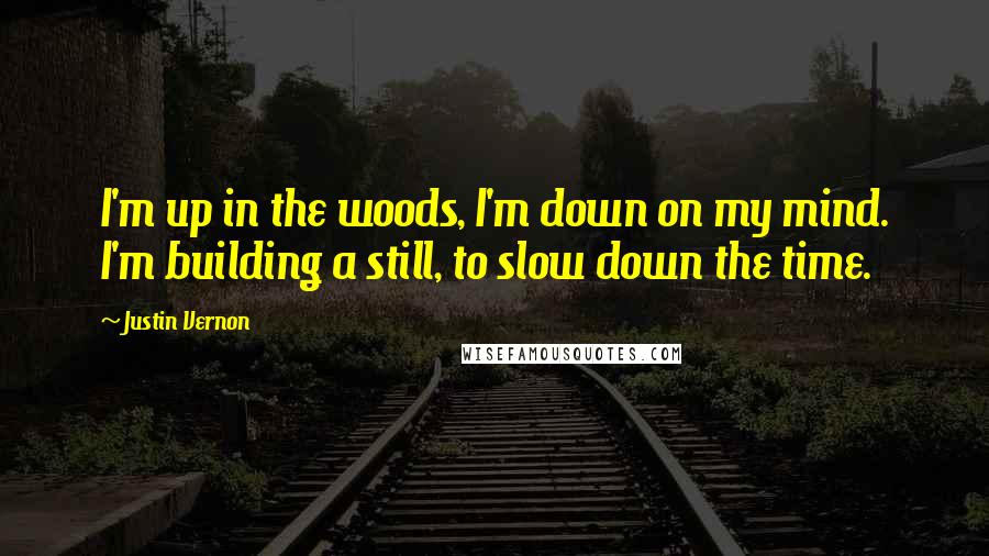 Justin Vernon Quotes: I'm up in the woods, I'm down on my mind. I'm building a still, to slow down the time.