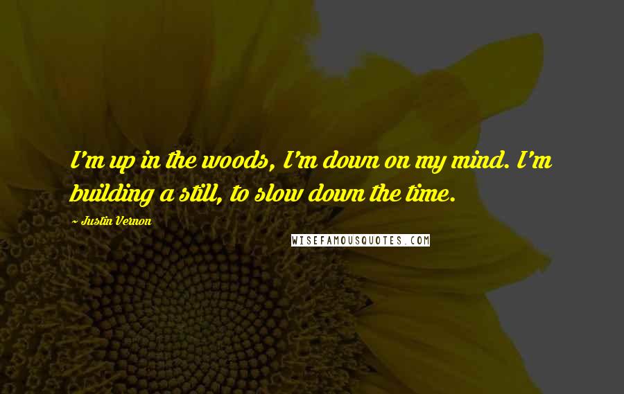 Justin Vernon Quotes: I'm up in the woods, I'm down on my mind. I'm building a still, to slow down the time.