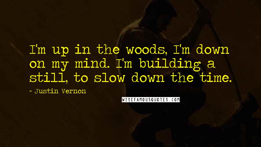 Justin Vernon Quotes: I'm up in the woods, I'm down on my mind. I'm building a still, to slow down the time.