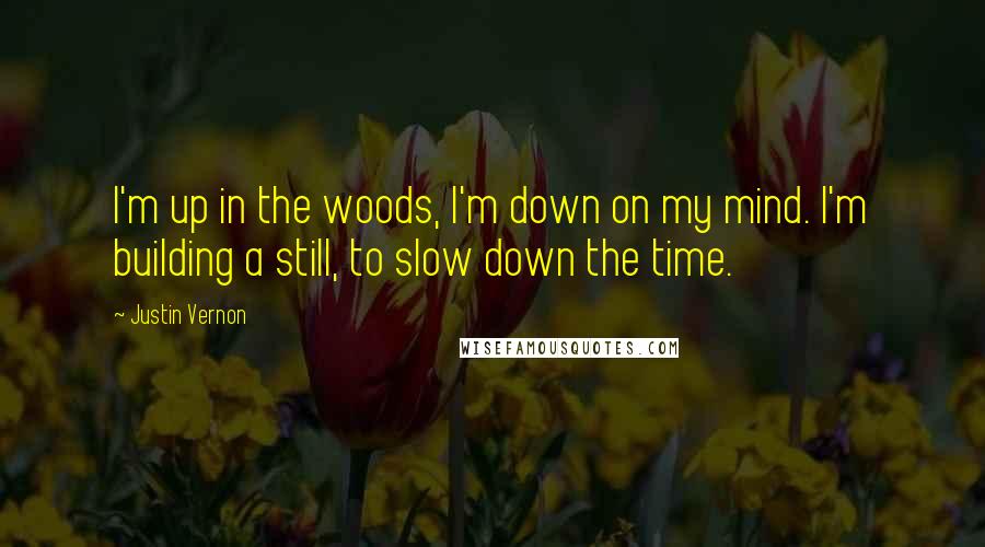 Justin Vernon Quotes: I'm up in the woods, I'm down on my mind. I'm building a still, to slow down the time.