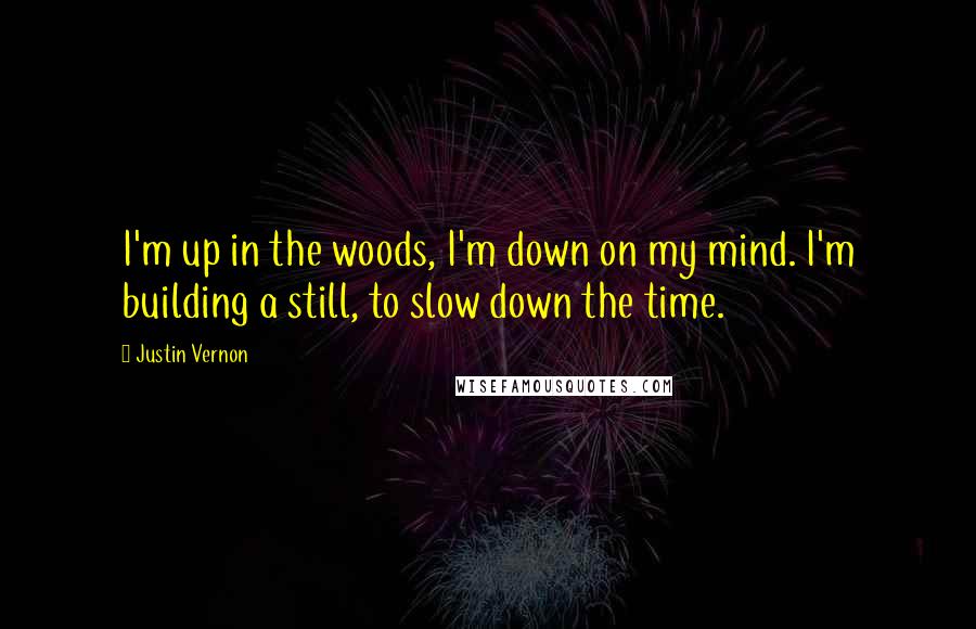 Justin Vernon Quotes: I'm up in the woods, I'm down on my mind. I'm building a still, to slow down the time.